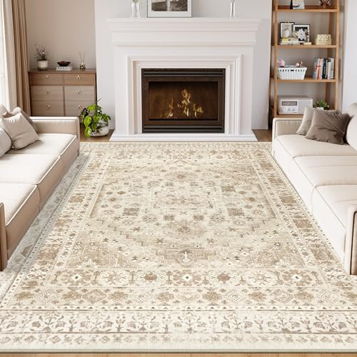 Capslpad Washable Rugs Living Room 200x300cm Distressed Vintage Area Rugs Non-Slip Traditional Oriental Bedroom Carpet Low Pile Thin Floor Mat Rug for Dining Room Kitchen Office Decor, Beige