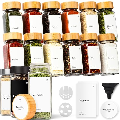 KIVY Lot de 12 pots à épices supplémentaires avec insert à saupoudrer, couvercles en bambou