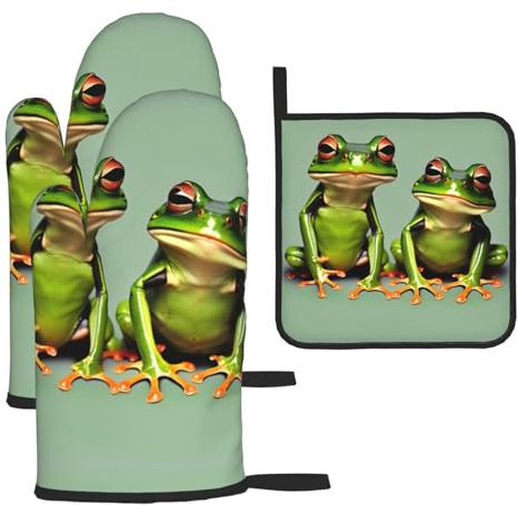 Divertenti rane verdi 1 pressione set regalo guanti da forno e presine set resistente al calore cottura impermeabile