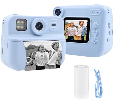 Andoer Appareil photo instantané pour enfants, appareil photo numérique pour enfants avec papier imprimé, écran 2,0 pouces, caméra de voyage pour garçons et filles de 3 à 14 ans (bleu)