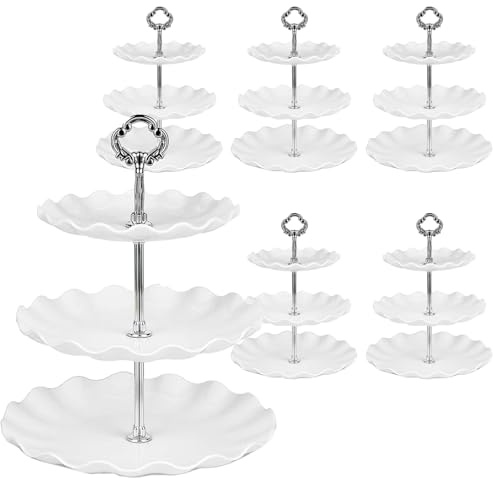 LOLYSIC 6 Pack 3 Tier Cake Stands, Plastic Afternoon Tea Stands, Round Cupcake Stand Fruit Dessert Cake Serving Tray Stand for Wedding Birthday Graduation Party (Round)