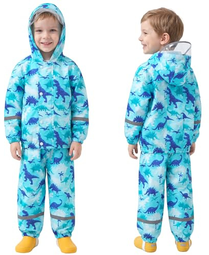 FILOWA Tuta Impermeabile Ragazzo con Cappuccio Traspirante Antipioggia Giacca & Pantaloni Impermeabili con Strisce Riflettenti Pioggia Completo Escursione Waterproof Abbigliamento Ragazzi 5-6 anni