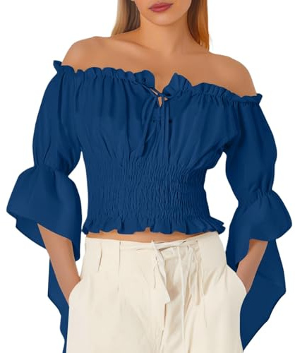 Eauptffy Camicia da donna medievale rinascimentale elegante top gotico con volant off shoulder maglietta vittoriana da pirata costume a maniche lunghe boho spiaggia