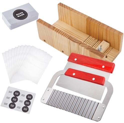 AHANDMAKER Soap Cutter Set Wooden Soap Making Kits Adjustable Wire Slicer Cutting Tool with Stainless Steel Wavy+Straight Cutter for DIY Soap Cheese, Butter, Cake, Bread Making