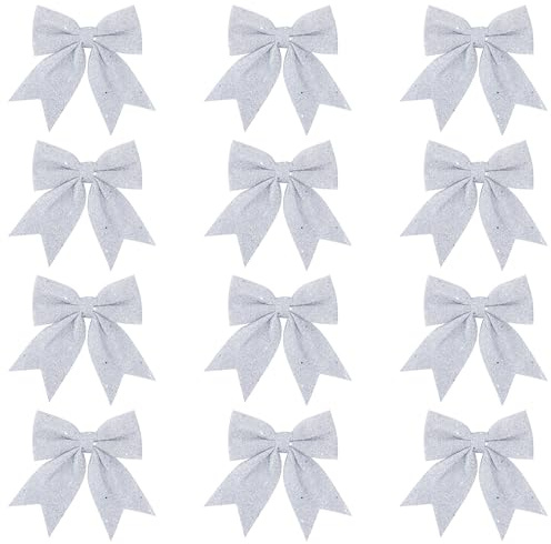 Jesustree Noeud de Ruban de Noël, 12 Pièces Noeuds de Décoration pour Sapin de Noël, Arcs de Pailletés pour Sapin de, Guirlande de Cadeaux, Mariage Décoration (Argent)
