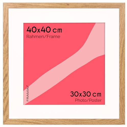 FRAMAI® Bilderrahmen 40x40 cm in Eichenfarbe – mit Passepartout – MDF Holzrahmen, bruchsicheres Plexi, umweltfreundlich, mit Aufhängung & Ständer – Hochformat & Querformat