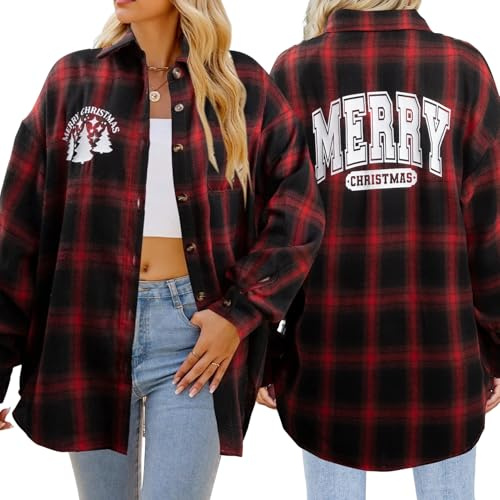 Christmas Plaid Blouses Women Xmas Santa Long Sleeve Shirt Checked Cute Christmas Collared Button Down Tops