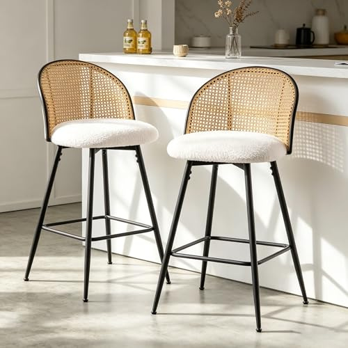 Bekrvio Barhocker 2er Set Rattan mit Lehne, 65 cm Sitzhöhe, Drehbarer Barhocker 360°, Bouclé Polsterung, Metallgestell Stabil, 150 kg, Tresenhocker für Küchentheke & Bar Weiß