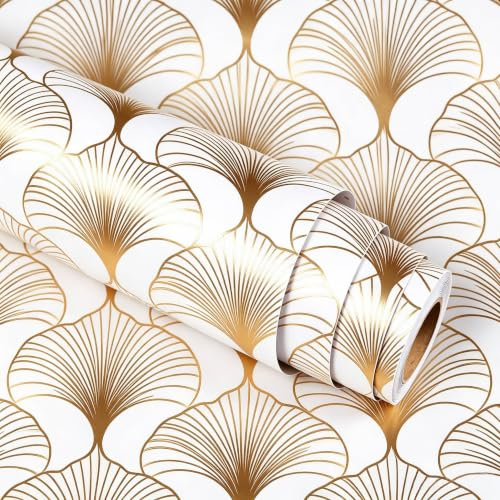 Stickyart Selbstklebende Tapete Gold Ginkgo Muster Klebefolie Möbel 44.5cmx200cm Folie Für Möbel Mit Motiv Tapeten Wohnzimmer Wandtapete Selbstklebend Schlafzimmer Klebetapete Selbstklebend Dekofolie