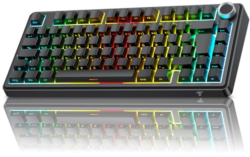 TECURS 75% Gaming Tastatur Kabellos, DREI-Modus 2.4GHz/BT5.0/Type-C RGB Rote Schalter Mechanische Tastatur, Hot Swap, Seitliche Gravur PBT-Tastenkappen mit Drehknopf, QWERTZ (Schwarze)