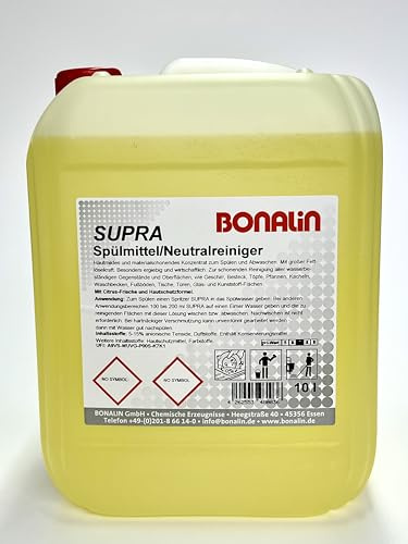 BONALIN SUPRA Spülmittel & Neutralreiniger 10 L – hautmildes, materialschonendes Konzentrat mit Citrus-Frische – Profi-Reiniger für Gastronomie, Haushalt & Gewerbe – fettlösend & biologisch abbaubar