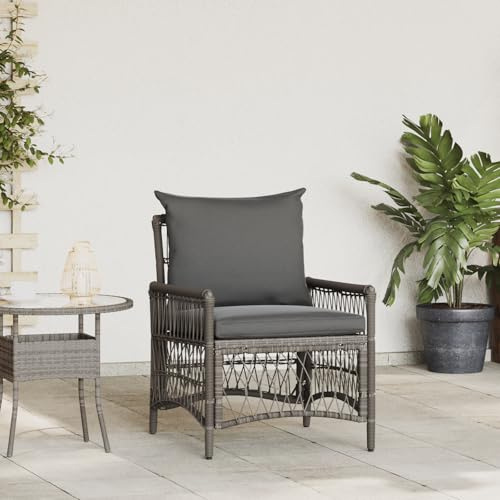 IBUQDDV Gartenstuhl mit Kissen Grau Poly Rattan Outdoor Terrassenstuhl Wetterfest Bequem Modern
