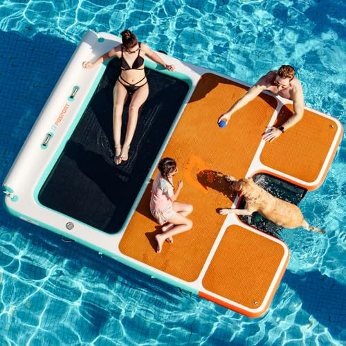 FBSPORT Inflatable Floating Dock 8ft Dog Boat Ramp in One, Floating Docks Dog Pool Ramp with Water Hammock, Lake Floats for Adults Inflatable Island Platform Water Raft with Ladder 8x8ft, Green