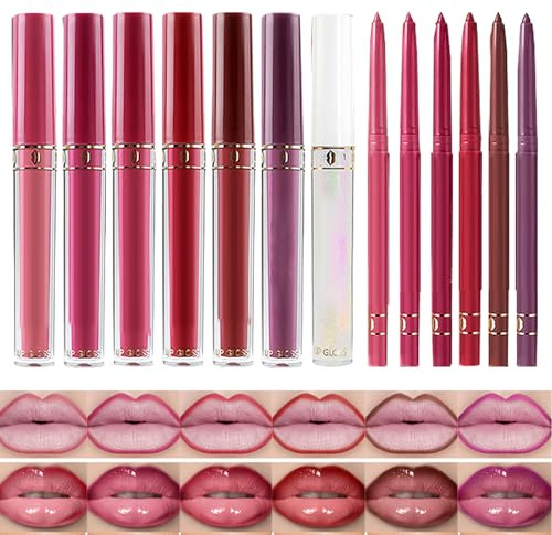Set Rouge à Lèvres & Crayon Contour - Rouge Hydratant Waterproof | Maquillage Longue Tenue Anti-Třansfert | 7 Couleurs Lèvres + 6 Crayons, Couverture Lisse pour Mariages, Fêtes