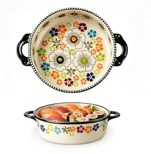 LUPATDY ugnsform rund keramik 18,5 cm, keramiska bakformar, keramiska ugnsformar med handtag för lasagne, kött, grönsaker, tiramisu, för varmluftsfritös, ugn, mikrovågsugn