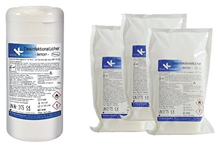 KK Desinfektionstücher Set, praktische Spenderdose mit 120 Desinfektionstüchern und 3 Nachfüllbeutel mit 120 gebrauchsfertigen Tüchern, Duftsorte: Lemon, Flächendesinfektionsmittel