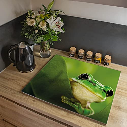 banjado Kochfeldabdeckung Glas mit Wildtier Motiv ausdrucksstark 60x52 cm einteilig, hitzebeständige Herdabdeckplatte mit Gumminoppen, Schneidebrett für Küche und Ceranfeld, mit Motiv Frosch