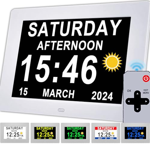 Véfaîî Newest, Dementia Clock 2.0 with Auto DST, 20 Custom Reminders, Day Clock with Sun/Moon icons for Elderly, Sleep Trainer, 7 with Remote & HD Picture Frame