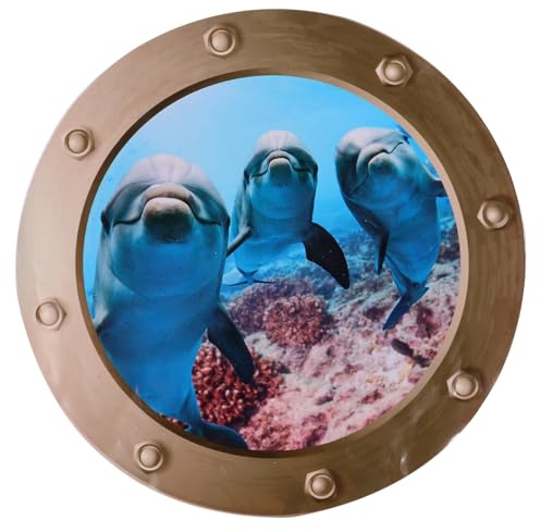 VICASKY Fliesensticker U Boot Fenster Wandaufkleber Selbstklebend Unterwasser Welt Fliesenaufkleber Fliesenbilder Deko Wandbilder Schlafzimmer Bade WC Bullauge Deko (Delfin)