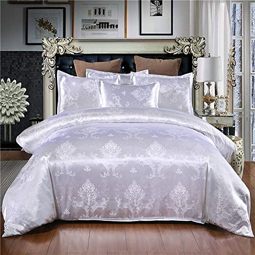 Dencalleus Jacquard Bettwäsche Set Jacquard Satin Seide 3teilig 1 x Bettbezug 220x240cm mit 2 x Kissenbezüge 50x70cm Mikrofaser Bettwäsche-Sets mit Reißverschluss - Elfenbeinweiß