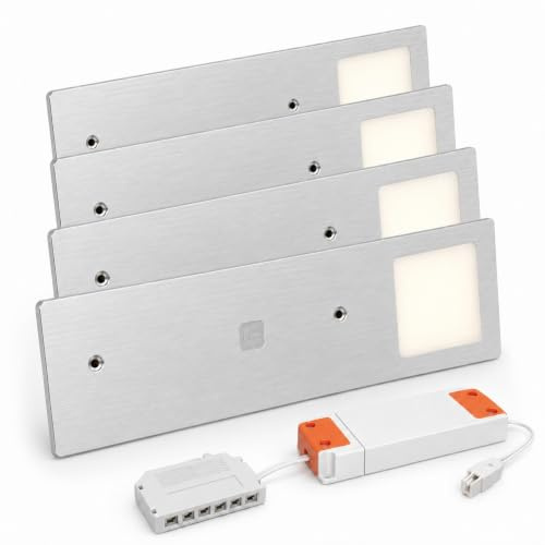 Maxkomfort LED Unterbauleuchte Küche 4er Set Dimmbar per Touch – 4W Warmweiß 3000K, Aluminium Ultraflach 5mm, Plug and Play Montage ohne Elektriker, Erweiterbar bis 5, Unterschrankleuchte