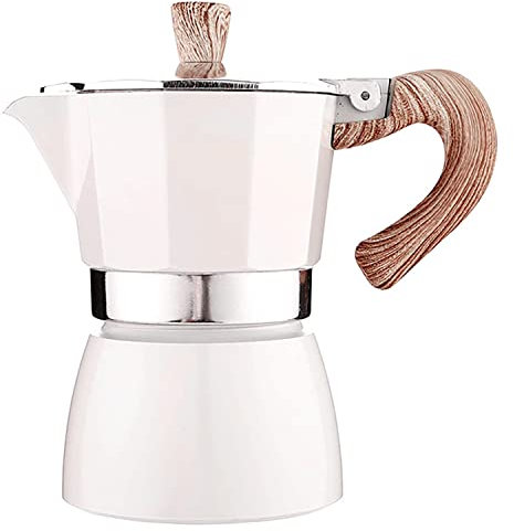 UZER 3 tazze (150 ml) Moka Pot Stovetop Espresso Maker Alluminio Percolatore Macchina da Caffè Piano Piano Piano Cottura Caffettiera, con Manico in Legno (Bianco Latte)