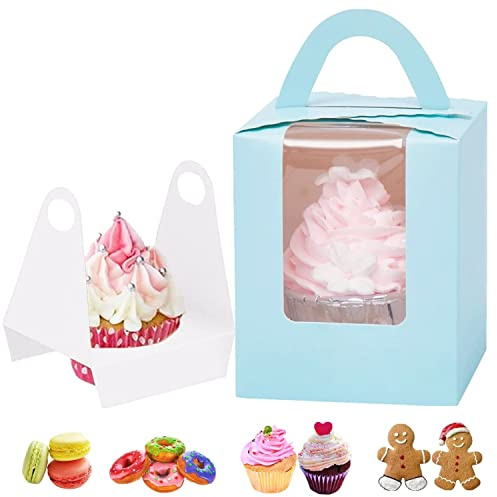 GUIFIER 30 Pack individual Cupcake Boxes, Single Cupcake Carrier with Inserts, Paper Bakery Boxes, Cake Gift Boxes with Window, Pastry Boxes with Handle Treat Boxes for Cookies, Desserts Pie (Blue)