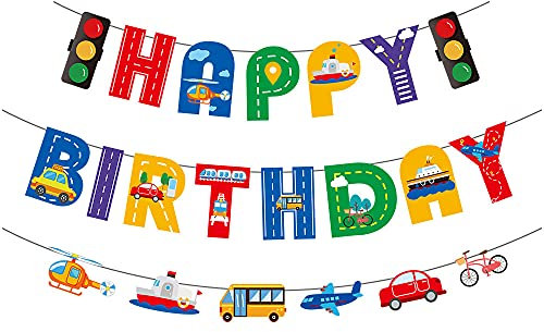Transportation Happy Birthday Banner Car Autobús Tren Avión Barco Helicóptero Semáforo Foto Accesorios Guirnalda Temática Decoración de Fiesta de Cumpleaños para Niños Niños