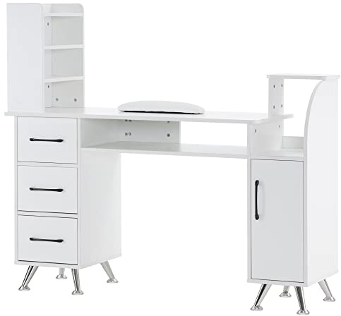 BarberPub Manicure Table Makeup Dressing Station Nail Desk with Wrist Cushion Beauty Workstation Salon Storage Equipment 2636 (White)