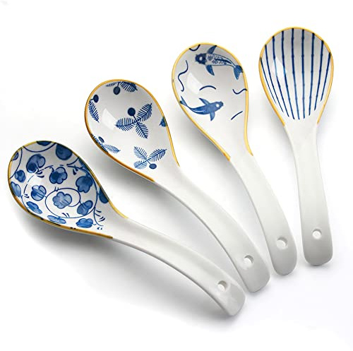 IQCWOOD Asiatische Suppenlöffel aus Keramik mit rutschfestem Haken, perfekt für Ramen, Pho, Miso-Suppe und Wontons, Geschenke für Lebensmittelliebhaber, Freunde, Eltern, Familie (4 Stück)