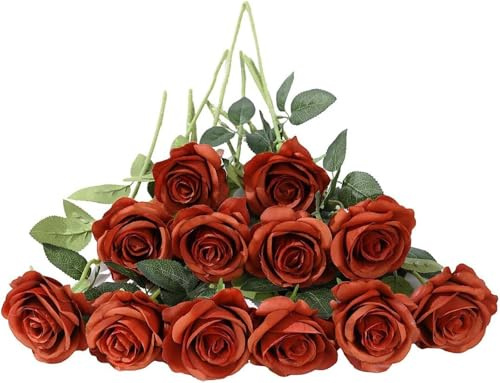 Laelfe 12 st konstgjorda rosor för dekoration, konstgjorda rosblommor bukett med långa stjälkar, konstgjorda rosor för bröllopskompositioner hem trädgård fest blomdekorationer (orange)