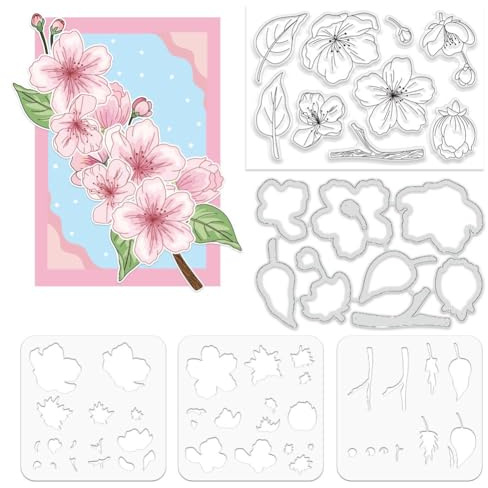 ORIGACH Set di stencil realistici con fiori di pesco e fustelle e stratificazione per realizzare biglietti, album artistici e artigianali