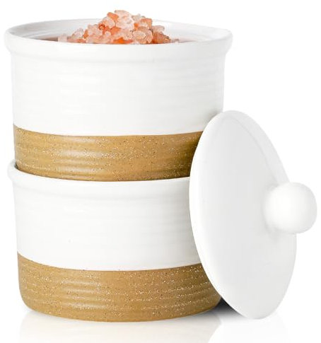 Hasense Salt Cellar, Ceramic Salt and Pepper Bowls, 9 oz Stackable Salt Pepper Container with Lid, Farmhouse White Spice Bowls for Sugar, Salt, Paprika and More, Kitchen Decor, Set of 2