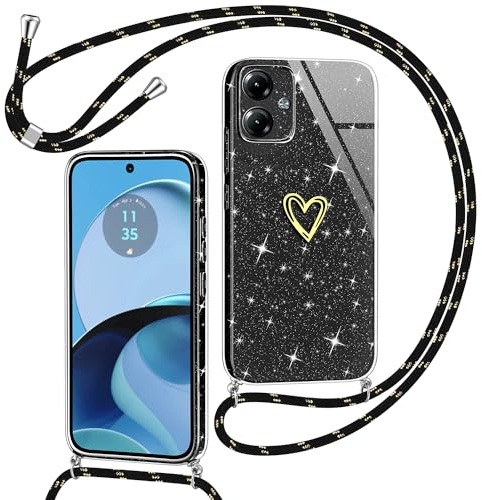 Yichxu Funda con Cuerda para Motorola Moto G14, Patrón de Corazón TPU Silicona Carcasa con Cordón, Glitter Case con Ajustable Correa Colgante, Protección contra Caídas Caso para Moto G14, Negro