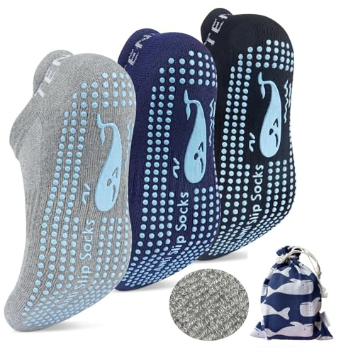 TENQUAN 3 Pairs Non Slip Yoga Socks, Anti-skid Yoga Socks Pilates Socks Grippy Socks for Women Men Cotton Socks with Grip for Home Hospital Workout Sports Fitness (Blue Grey Black)