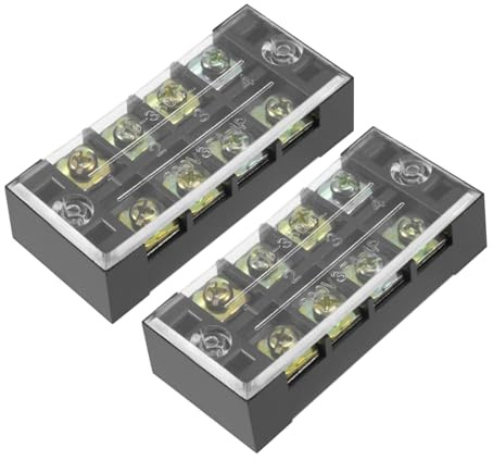 Rebower Bloques de Terminales de Tira de Bornes de 4 Posiciones Doble Hila 600V 35A Tornillos de Barrera (Con Cubierta) - 2 Piezas/Negro/Tb-3504L