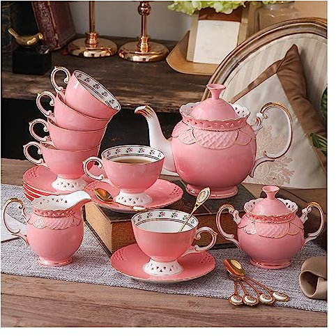 DDKYHU Set da tè in Porcellana fine, Set da caffettiera Inglese da 15 Pezzi con Tazza, piattini, zuccheriera e brocca per Panna (Colore: Rosa) (Rosa)