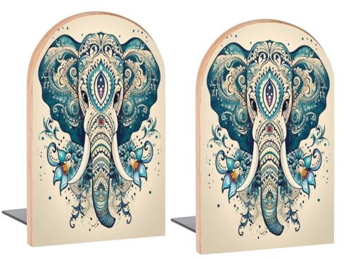 Buchstützen aus Holz, Motiv: Ethnischer Elefant, Vintage, dekorative Buchstützen für Regale, Schreibtisch, Zuhause, Büro, Buchstopper für Zeitschriften, Bücher, DVDs, 2 Stück