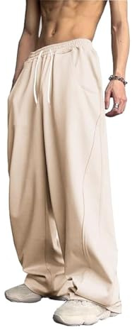 WZIKAI Men's Baggy Sweatpants Elastic Waist Drawstring Wide Leg Sweatpants Casual Loose Baggy Joggers with Pockets Beige XL