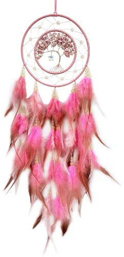 Donko Pink Dream Catcher Wall Decor Crystal Tree of Life Dream Catchers with Luminous Bead Handmade Feather Dreamcatcher Wall Hanging Ornament for Bedroom Living Room Home Decor
