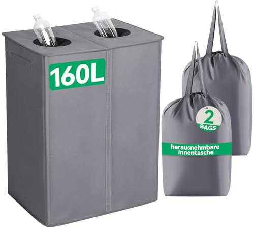 WOWLIVE Deposit Bottles Collection Container 160 L with 2 Compartments & 2 Carry Bags, Large Bottle Collector with Hole Kitchen Storage Room Bottle Bag, Grey