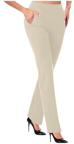 Pantalones de mujer con cintura elástica y pierna recta para mujer, de talle alto, para trabajo, oficina, negocios, lisos, finamente elásticos, con bolsillos, beige, M
