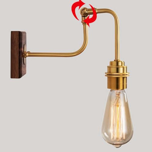 LOGT Holz Wandleuchte Vintage Messing Wandlampe Innen Drehbare Wandleuchten Gold Industrial Retro Nachttischleuchten Modern Beleuchtung Lampe Wand Verstellbarer 1 Flammig für Nachttisch Schlafzimmer