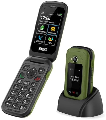 SAIET LINK 4 PRO Telefono Flip Verde-Nero, IP68 Impermeabile con Doppio Display, Audio Potenziato e Tasti Grandi - Cellulare Antiurto e Antipolvere, Batteria Lunga Durata, Ideale per Anziani e Outdoor