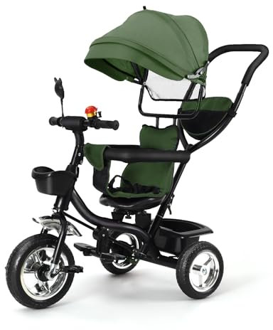 Dreirad 4 in 1 Aveo, Kinderdreirad, Jogger mit Zubehör, Klappbar, Dachfenster, Lenker, Unplattbar-Räder, Gummiräder, ab 9 Monate bis 5 Jahre, Zubehör, (grün .)