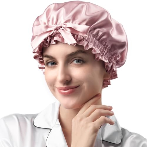 Umisleep Bonnet 100% soie de mûrier réversible pour cheveux bouclés, 22 momme avec volants – Doux, respirant, large bande réglable, idéal pour la nuit, rose