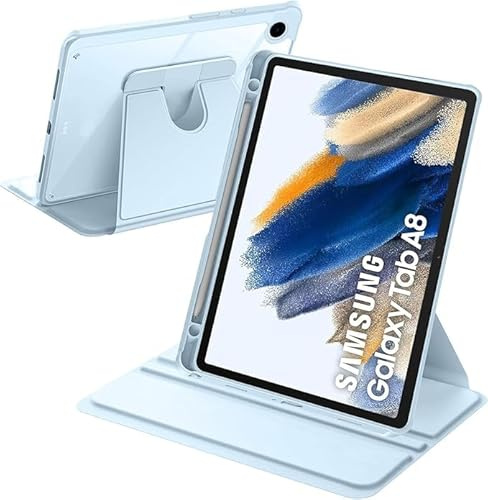Haofun Custodia Compatibile con Samsung Galaxy Tab A8, Cover Protettiva Girevole a 360 Gradi con Supporto Pieghevole/Fessura per Penna, Pelle PU + Custodia in Acrilico Trasparente, Blu