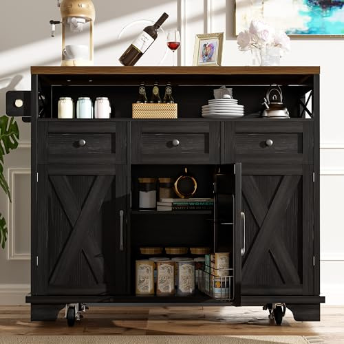 Ligterra Moderna isla de cocina (118 × 43 × 98 cm), armario de cocina con vetas de madera, con ruedas con espacio de almacenamiento multifuncional, separadores extraíbles, con toallero, color negro