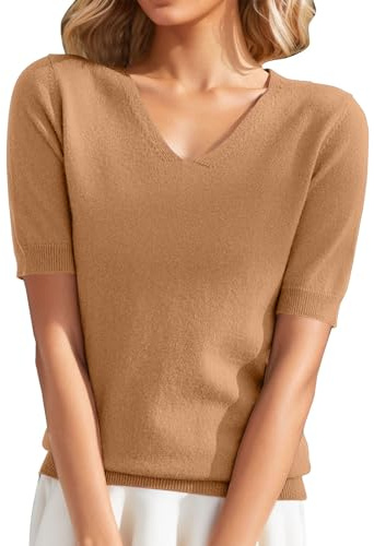 Chanpning Pull à Manches Courtes pour Femme Tricot Col V Léger Stretch Couleur Unie Printemps Été Hauts Chic Et Elegant Décontracté Sweatshirt