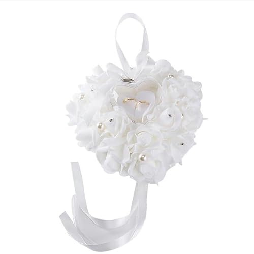 YKAFADE Hochzeitsringkissen, 20 x 20cm Romantische herzförmig Ringhalter mit Satinband Künstliche Perlen Hochzeit Ring Kissen Box Paar Ring Halter Hochzeit Accessoires Geschenk-Halter Deko,Weiße